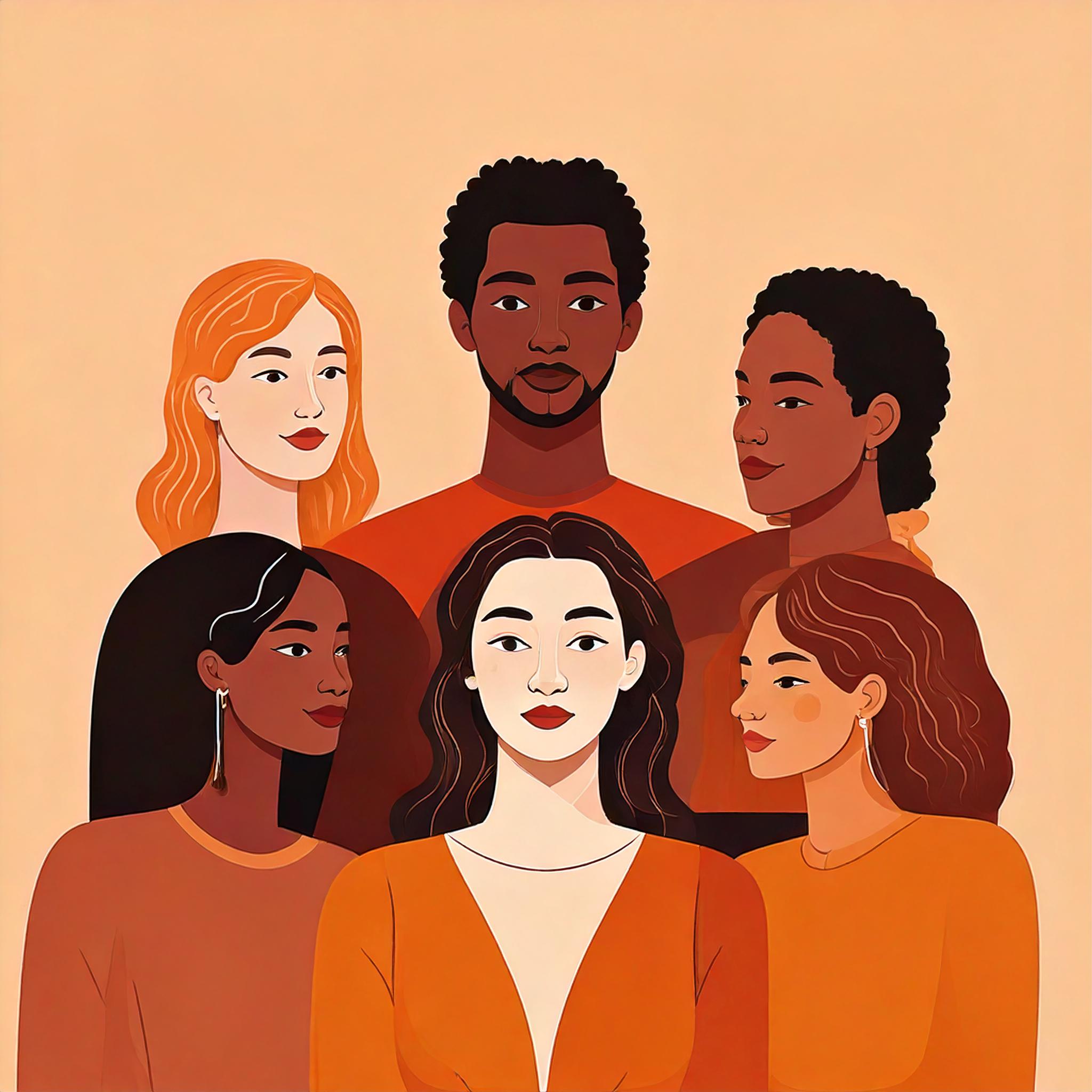 five men and women of different age groups and races together, social psychology concept